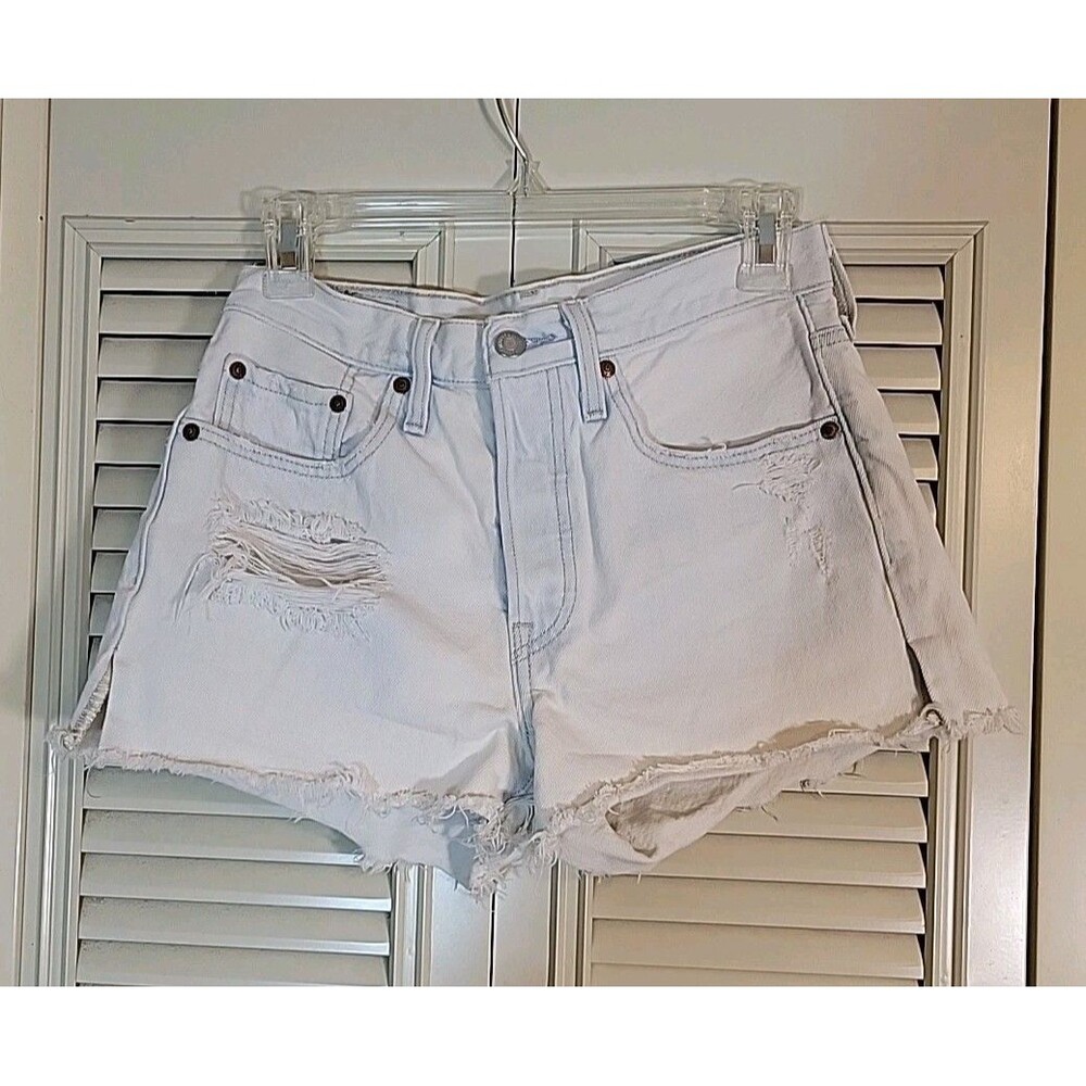 Levis Premium Shorts Wmns 27 Lt Blue 501 Distressed Cut Off Denim Cotton Summer